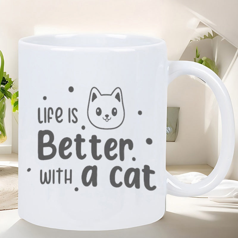 Tailorly White Ceramic 11 oz Mug - Life Is Better With A Cat Minimalist Line Art Cute Feline Face Among Playful Scattered Dots Cat