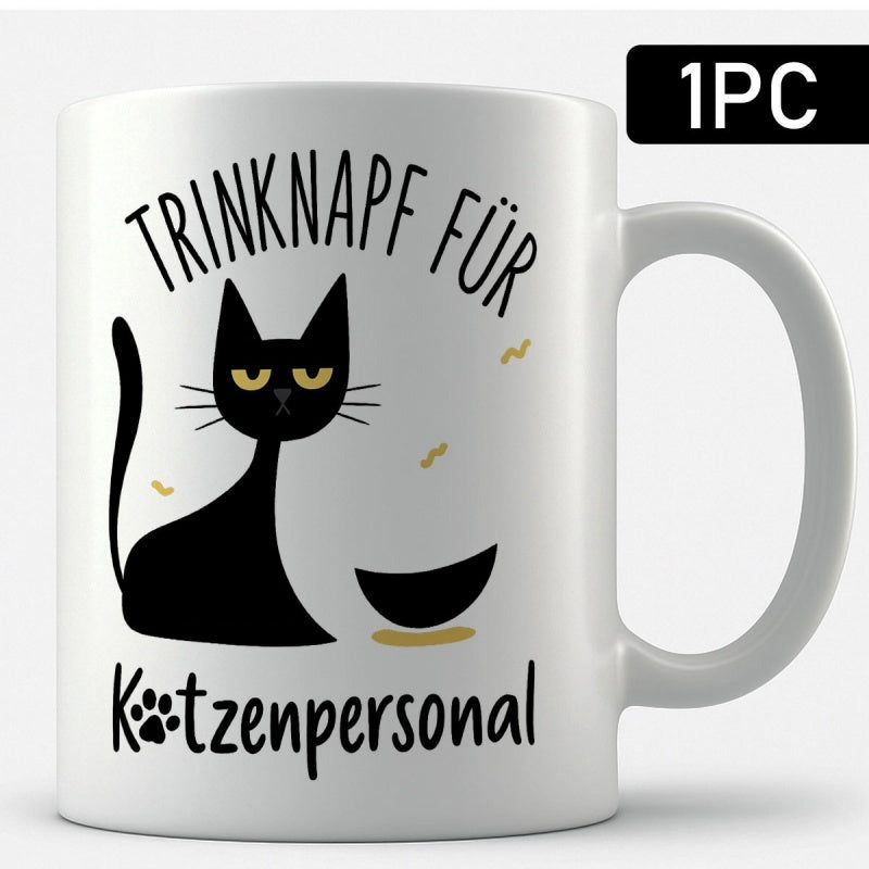 Tailorly White Ceramic 11 oz Mug - Minimalist Hand Drawn Grumpy Feline Sitting Beside A Small Food Bowl Cat