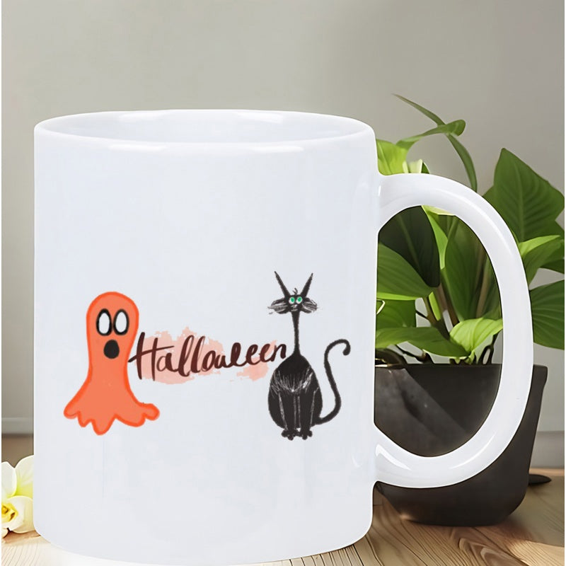Tailorly White Ceramic 11 oz Mug - Halloween Spooky Orange Cartoon Ghost Standing Beside A Slender Black Cat