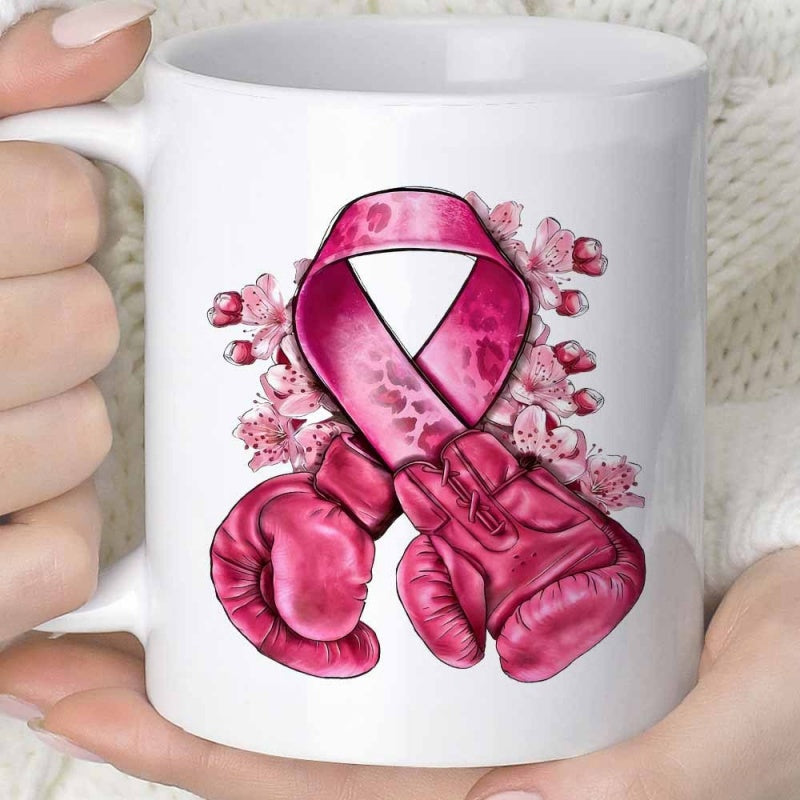 Tailorly White Ceramic 11 oz Mug - Awareness Pink Ribbon Among Delicate Cherry Blossoms With Fighting Spirit Boxing Gloves