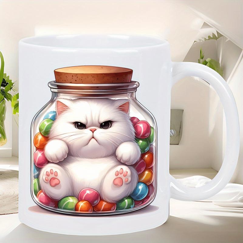 Tailorly White Ceramic 11 oz Mug - Grumpy White Kitten Sitting Inside Glass Candy Jar With Colorful Marbles Cat