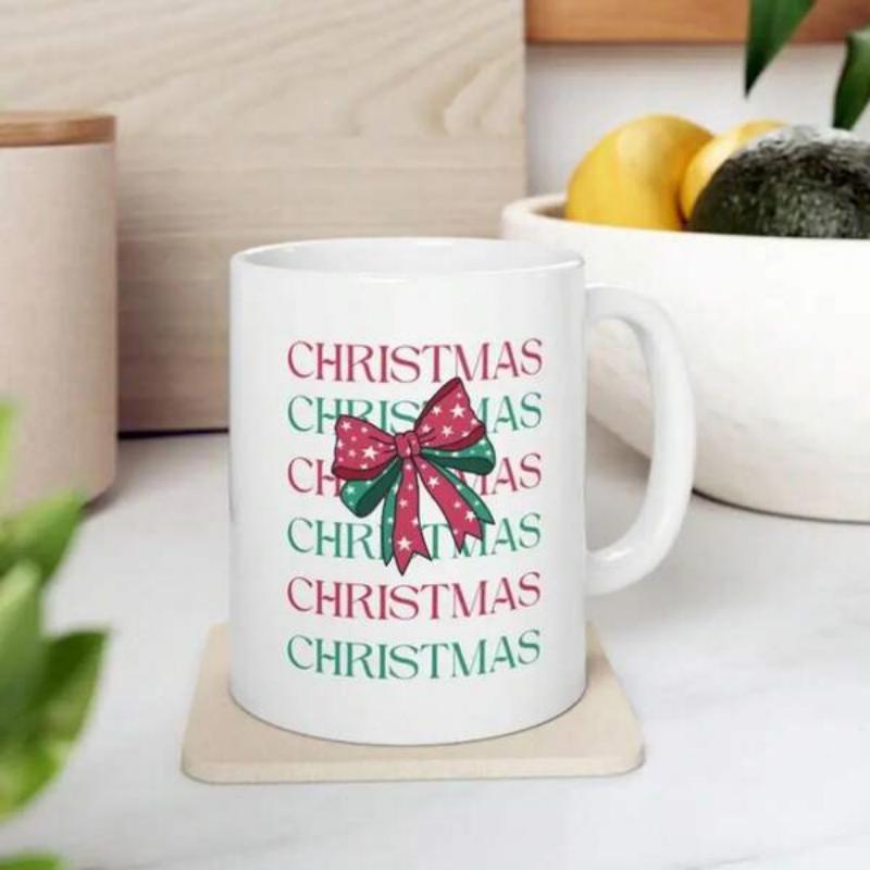 Tailorly White Ceramic 11 oz Mug - Christmas Festive Polka Dot Ribbons In Traditional Red And Green Colors Bow