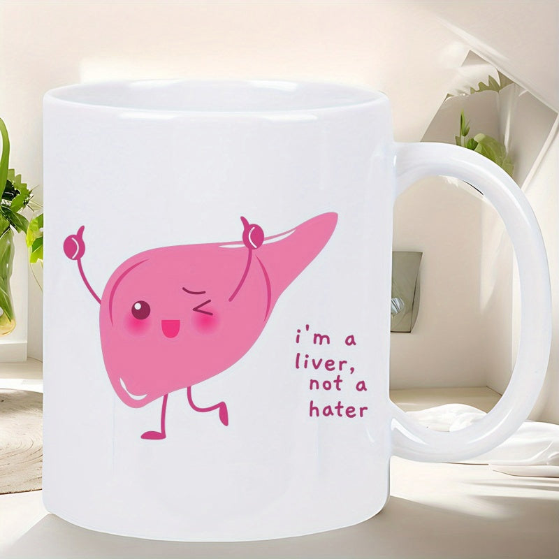 Tailorly White Ceramic 11 oz Mug - I'm A Liver Not A Hater Cartoon Pink Anthropomorphic Organ Giving Thumbs Up With Cheerful Expression Liver