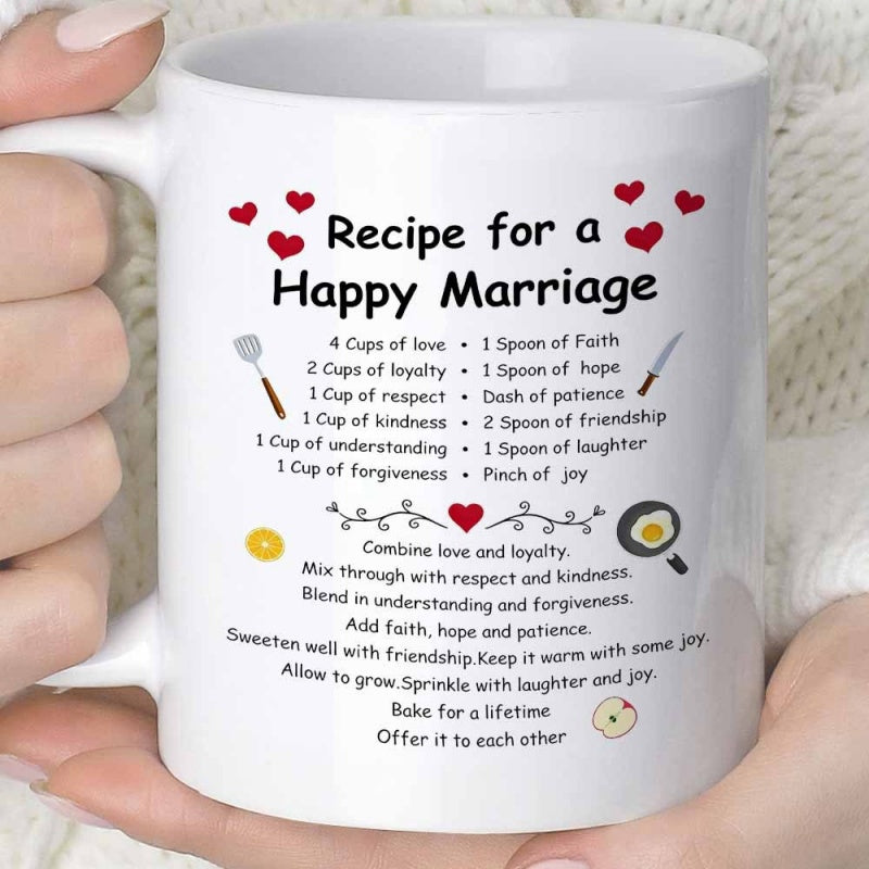 Tailorly White Ceramic 11 oz Mug - Recipe For A Happy Marriage With Whimsical Kitchen Icons And Floating Little Red Hearts Heart