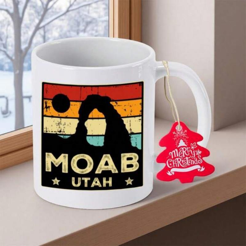 Tailorly White Ceramic 11 oz Mug - Moab Utah Vintage Sunset Stripes With Silhouette Of Mountain Rock Formations Arch
