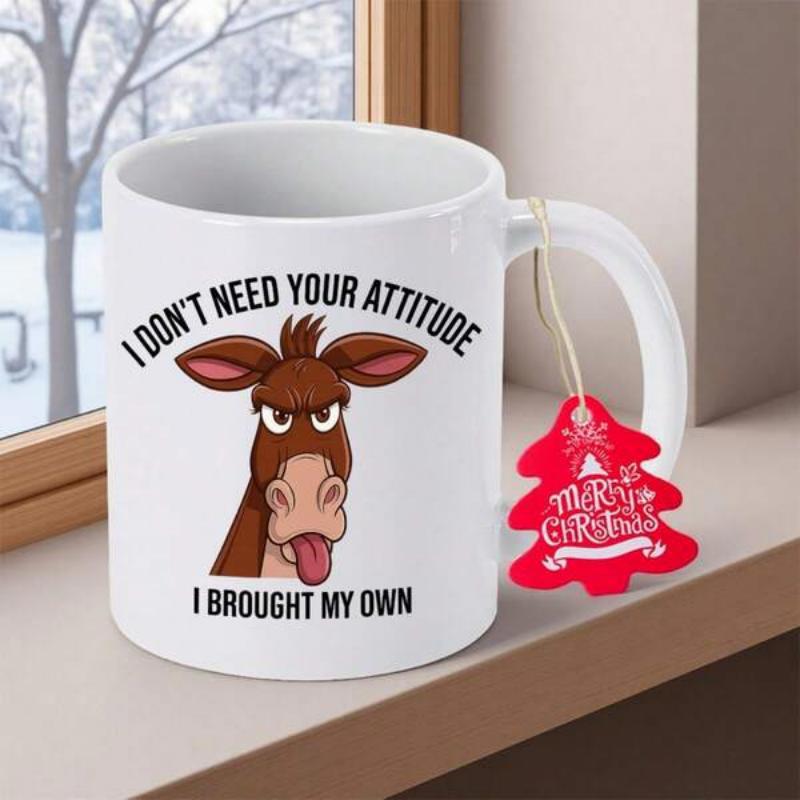 Tailorly White Ceramic 11 oz Mug - I Don't Need Your Attitude I Brought My Own Funny Grumpy Cartoon Animal With Tongue Sticking Out Sarcastic Donkey