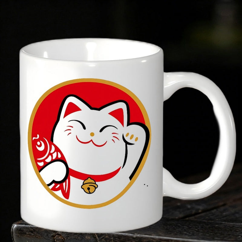 Tailorly White Ceramic 11 oz Mug - Traditional Japanese Lucky Maneki Neko Holding Fish Within Golden Red Circle Cat