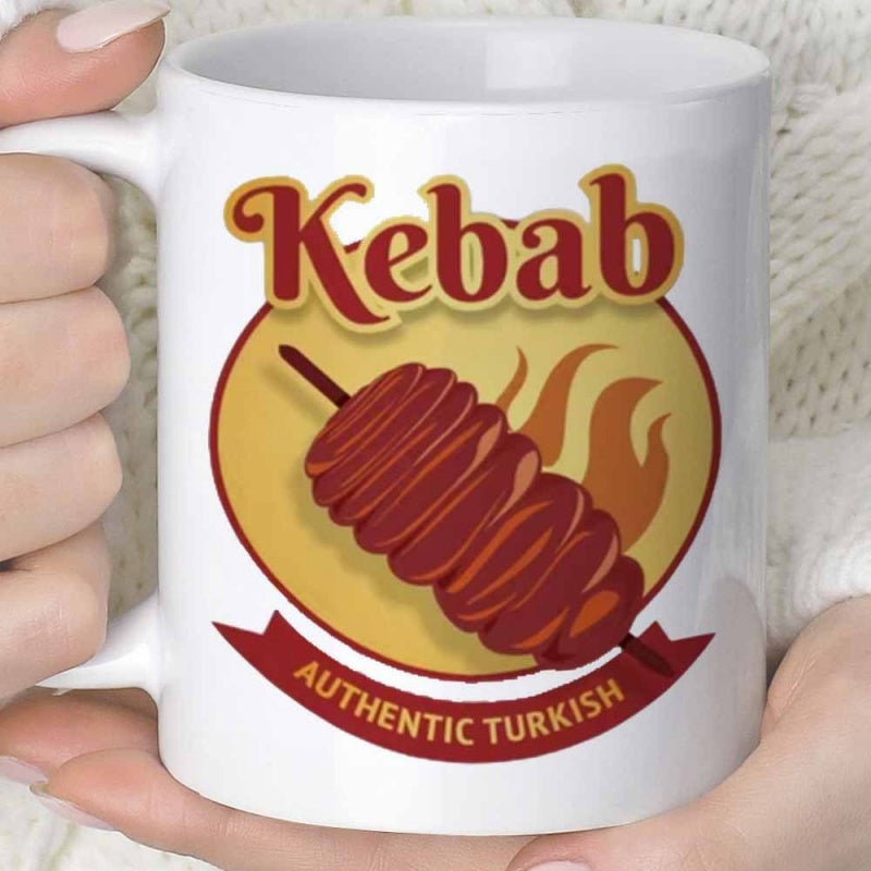 Tailorly White Ceramic 11 oz Mug - Kebab Authentic Turkish Savory Roasted Meat Skewer With Stylized Orange Flames Kebab