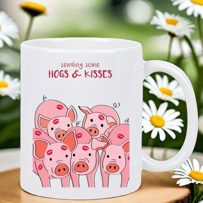Tailorly White Ceramic 11 oz Mug - Sending Some Hogs Kisses Adorable Pink Cartoon Swine With Red Kiss Marks Gathered Together Pig