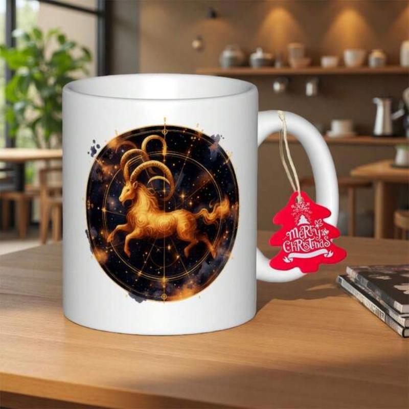 Tailorly White Ceramic 11 oz Mug - Golden Celestial Ram Dancing Among Stars Within A Dark Cosmic Circle Capricorn