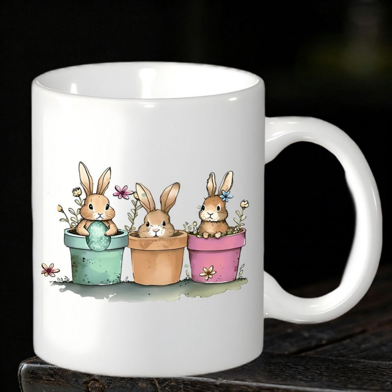 Tailorly White Ceramic 11 oz Mug - Three Adorable Bunnies Sitting Inside Colorful Flower Pots With Spring Blossoms Rabbits