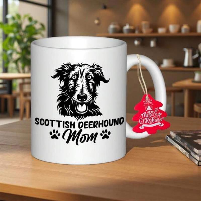 Tailorly White Ceramic 11 oz Mug - Scottish Deerhound Mom Elegant Handcrafted Steel Line Art Portrait Of A Loyal Canine Deerhound