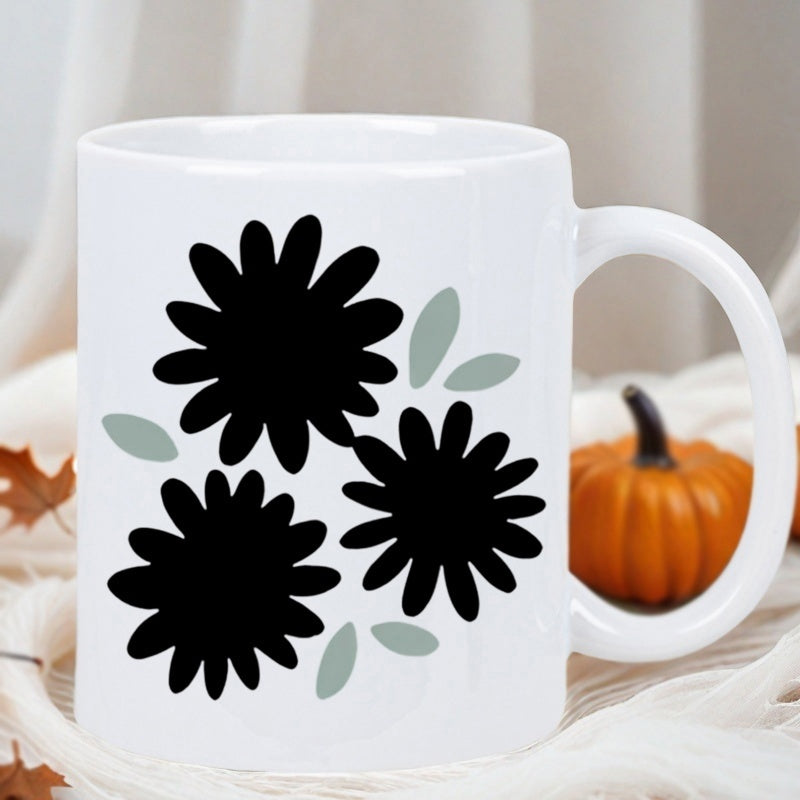 Tailorly White Ceramic 11 oz Mug - Minimalist Artistic Black Silhouette Petals With Soft Green Leaves Composition Flower