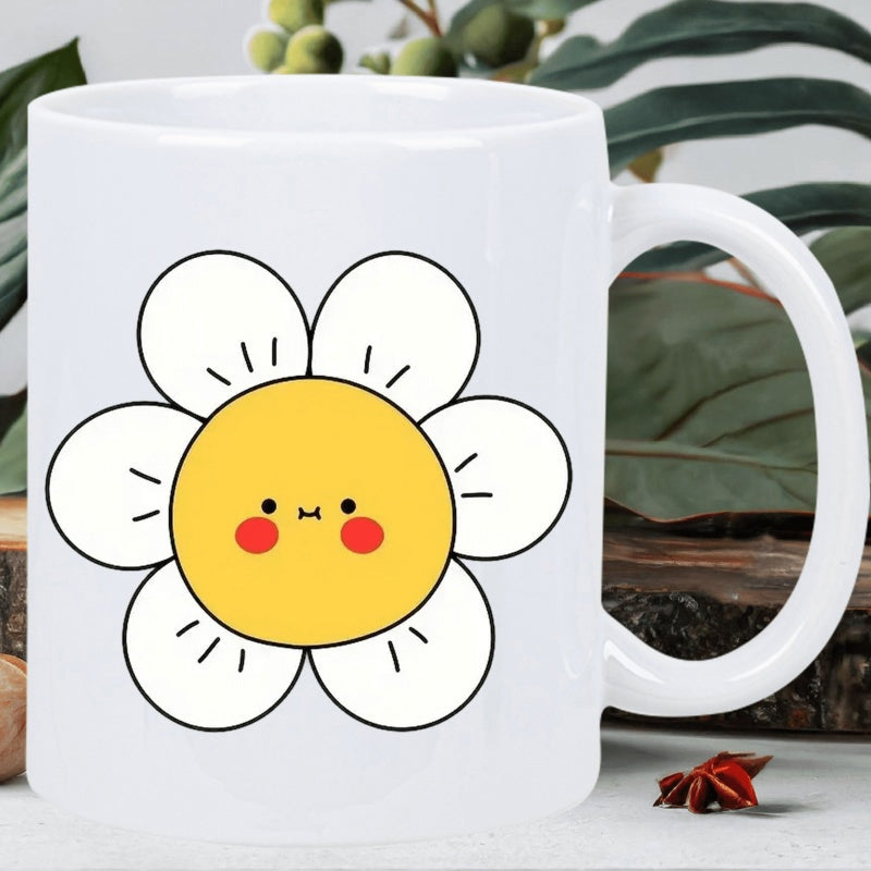Tailorly White Ceramic 11 oz Mug - Simple Cute Cartoon Daisy With Yellow Center And Small Petals Blooming Flower