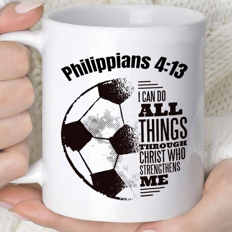 Tailorly White Ceramic 11 oz Mug - Philippians 4:13 I Can Do All Things Through Christ Who Strengthens Me Distressed Classic Sports Equipment With Bold
