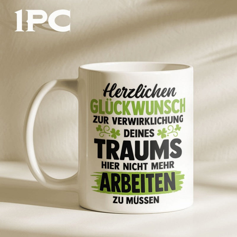 Tailorly White Ceramic 11 oz Mug - Vibrant Green Four Leaf Clovers Among Stylish Bold Minimalist Script Clover