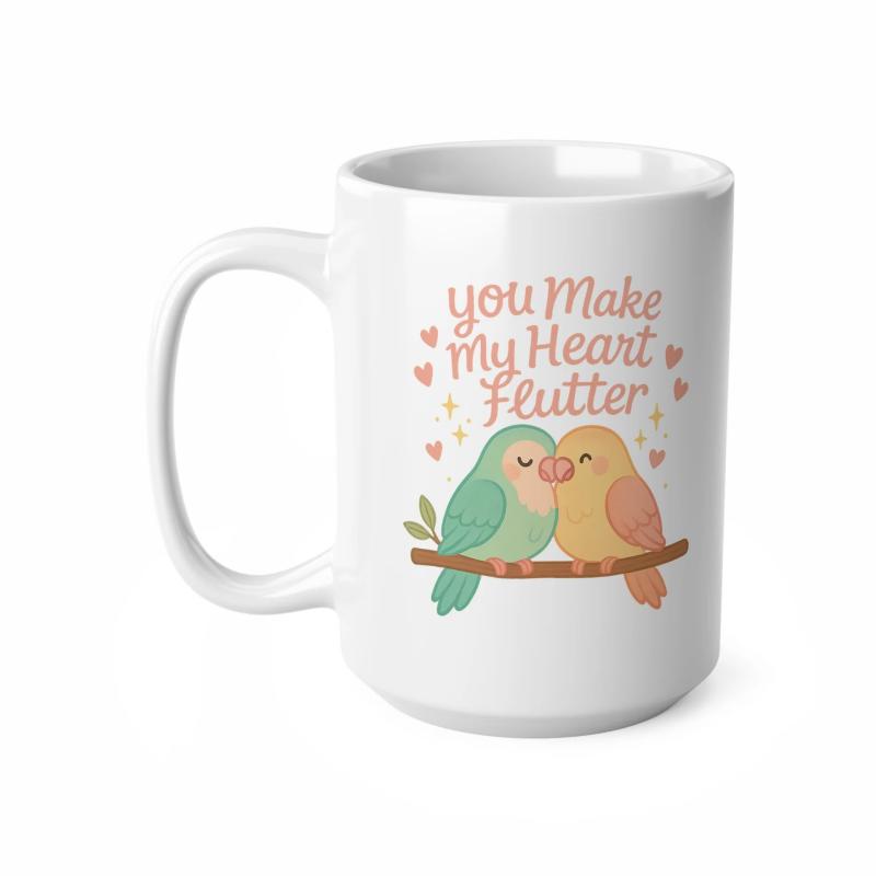 Tailorly White Ceramic 11 oz Mug - You Make My Heart Flutter Two Pastel Lovebirds Resting Together On A Branch Surrounded By Hearts Birds