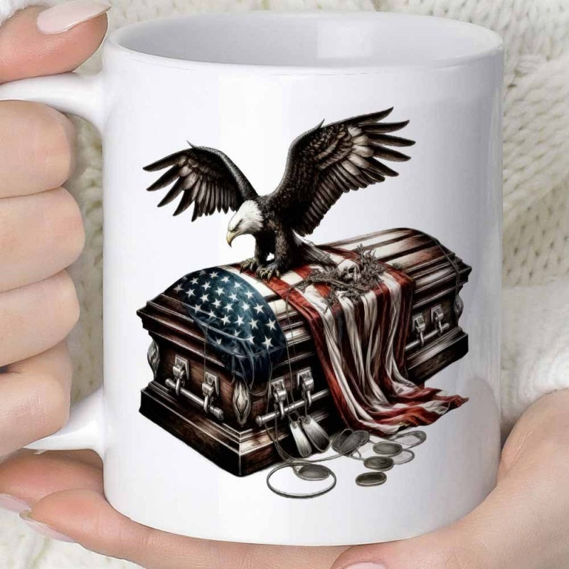 Tailorly White Ceramic 11 oz Mug - Majestic Bald Eagle Perched Atop American Flag Draped Patriotic Military Coffin Eagle