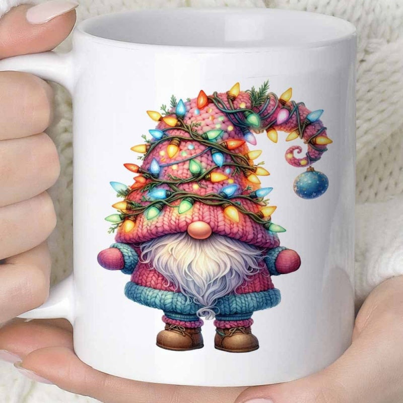 Tailorly White Ceramic 11 oz Mug - Charming Festive Christmas Gnome Wearing Knitted Hat Wrapped In Colorful Twinkling Lights Gnome