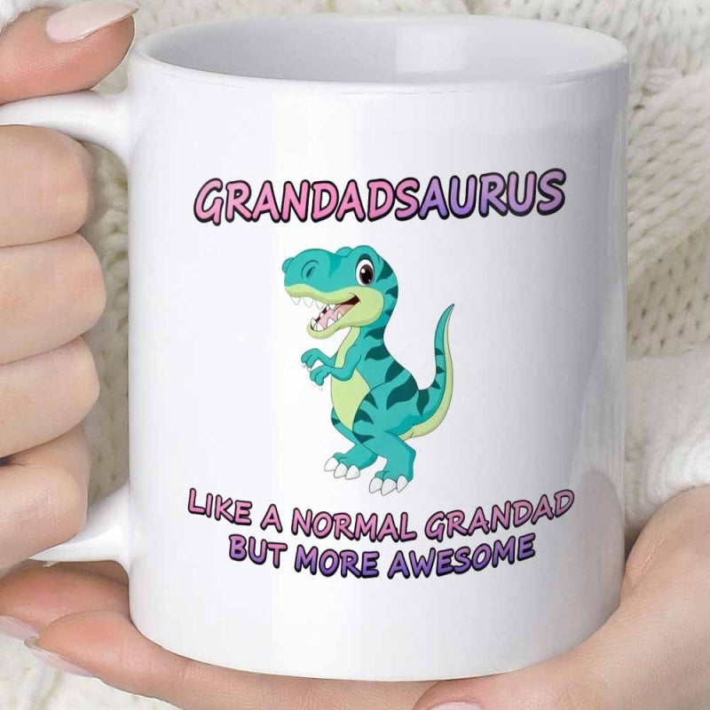 Tailorly White Ceramic 11 oz Mug - Grandadsaurus Like A Normal Grandad But More Awesome Friendly Teal Cartoon Dinosaur With Green Stripes Standing On White