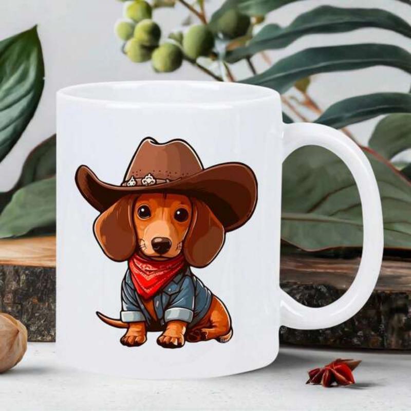 Tailorly White Ceramic 11 oz Mug - Adorable Small Puppy Wearing Brown Stetson And Red Neck Scarf Dachshund