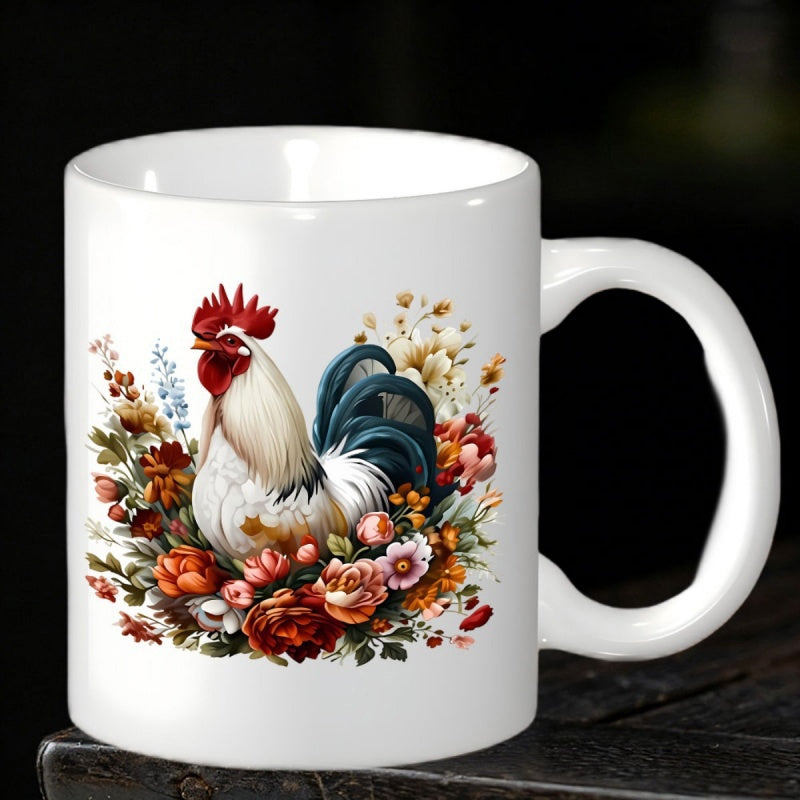 Tailorly White Ceramic 11 oz Mug - Vibrant Farmhouse Style Nestled Among Blooming Colorful Floral Garden Petals Rooster