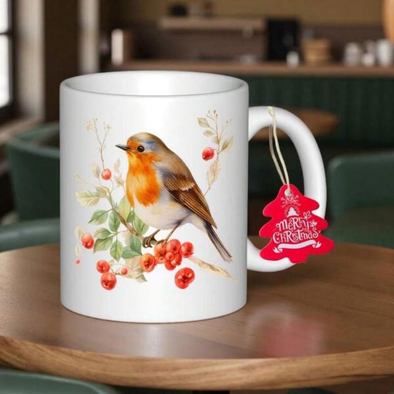 Tailorly White Ceramic 11 oz Mug - Merry Christmas Vibrant European Robin Perched Among Red Berries And Winter Leaves Bird