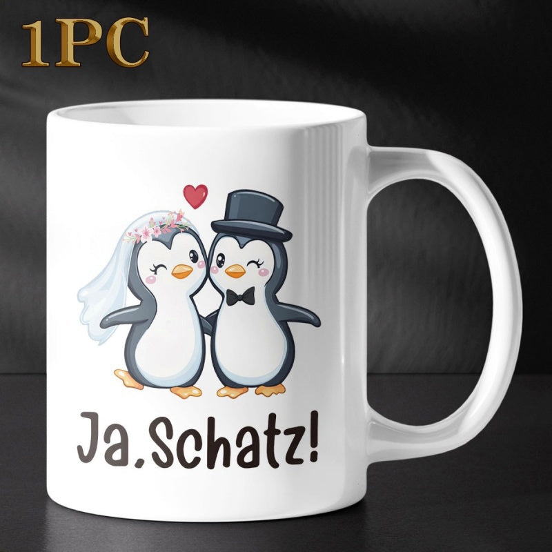 Tailorly White Ceramic 11 oz Mug - Two Cute Penguins Wearing Wedding Attire With Small Red Heart Penguin