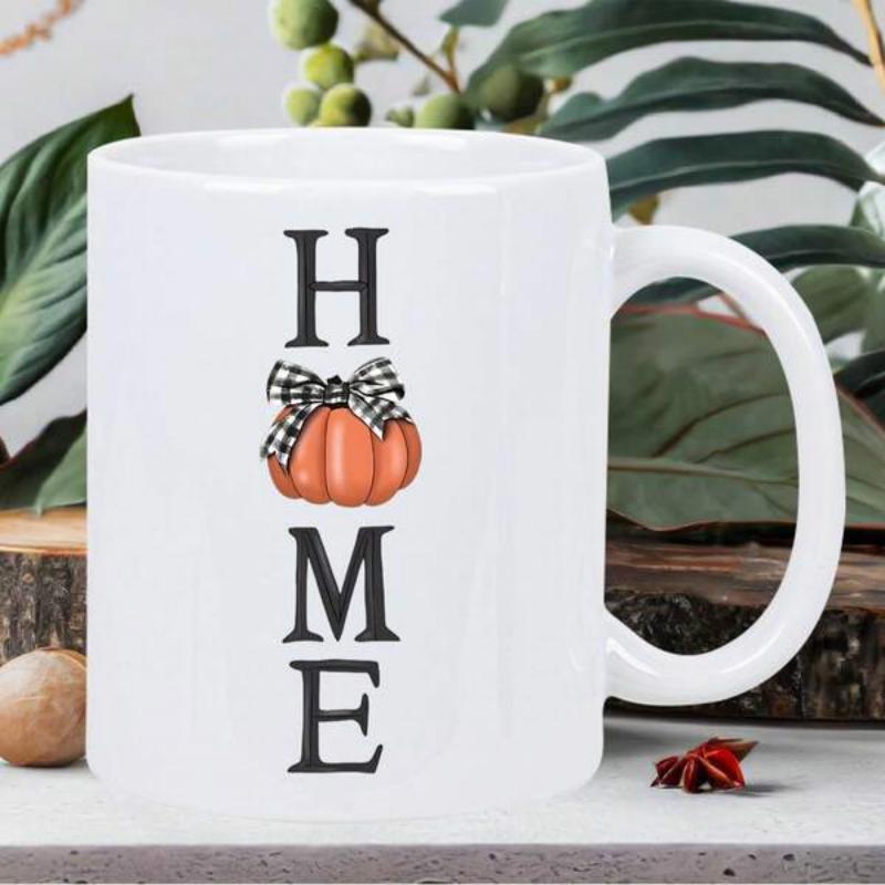 Tailorly White Ceramic 11 oz Mug - Home Vertical Serif Letters With Rustic Orange Harvest Bow Tied Pumpkin