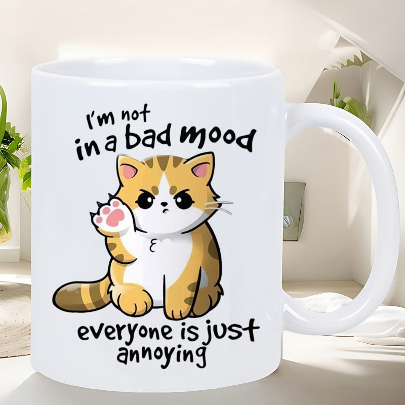 Tailorly White Ceramic 11 oz Mug - Im Not In A Bad Mood Everyone Is Just Annoying Cute Grumpy Ginger Tabby Sitting Calmly Raising Paw Cat