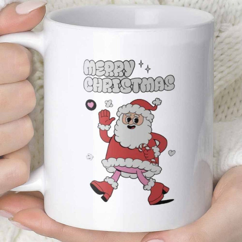 Tailorly White Ceramic 11 oz Mug - Merry Christmas Vintage Style Waving Figure Wearing Red Festive Suit Under Sparkles Santa Claus