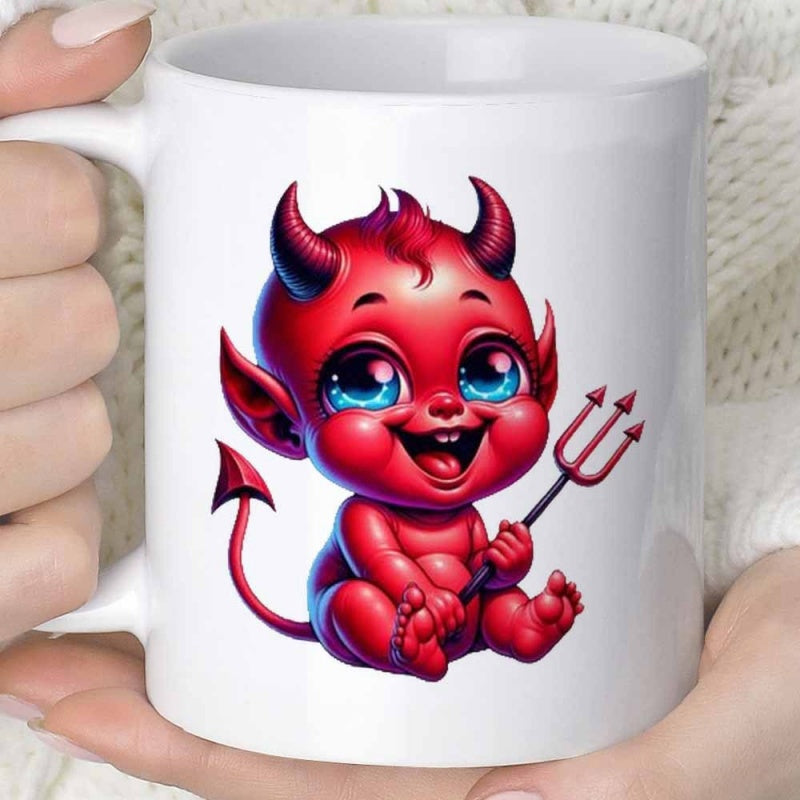 Tailorly White Ceramic 11 oz Mug - Adorable Little Red Baby Cartoon Character Holding Pitchfork With Big Blue Eyes Devil
