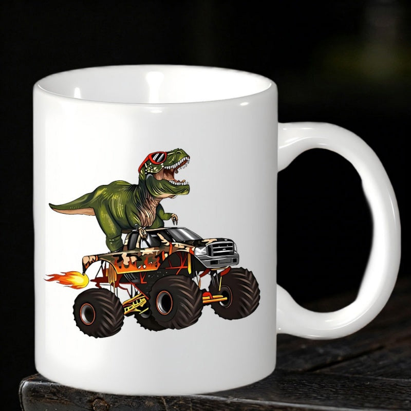 Tailorly White Ceramic 11 oz Mug - Powerful Green Dinosaur Wearing Sunglasses Riding On A Flaming Giant Monster Truck