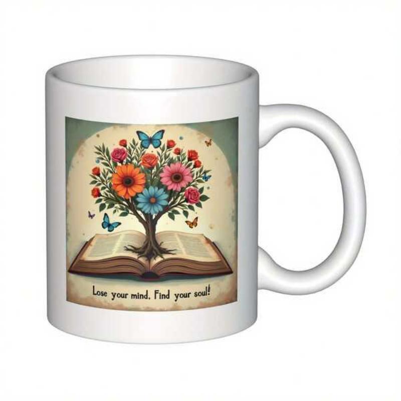 Tailorly White Ceramic 11 oz Mug - Lose Your Mind Find Your Soul Blooming Flowers Growing From An Open Book With Dancing Butterflies Tree