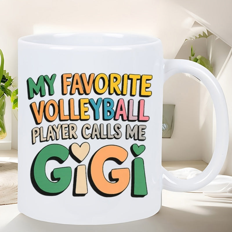 Tailorly White Ceramic 11 oz Mug - My Favorite Volleyball Player Calls Me GiGi Retro Colorful Lettering Featuring Small Cute Hearts In Vintage Style Sign