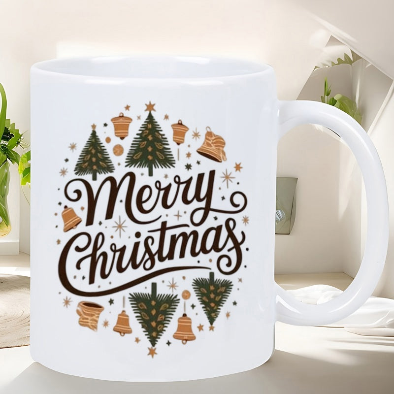Tailorly White Ceramic 11 oz Mug - Merry Christmas Festive Evergreen Trees With Golden Bells And Scattered Shining Stars Mug