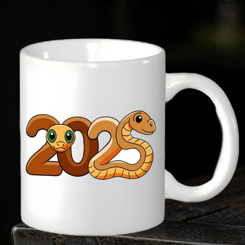 Tailorly White Ceramic 11 oz Mug - 2025 Cartoon Style Brown Snake Coiled Into Artistic Number Shapes Snake