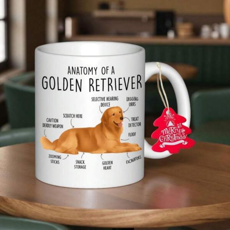 Tailorly White Ceramic 11 oz Mug - Anatomy Of A Golden Retriever Serene Golden Dog Surrounded By Humorous Descriptive Anatomy Labels And Text Retriever