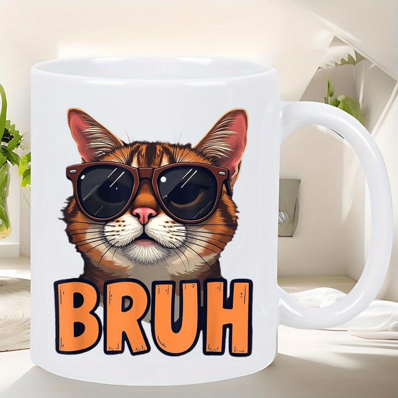 Tailorly White Ceramic 11 oz Mug - Bruh Cool Tabby Wearing Dark Sunglasses With A Serious Blank Expression Cat