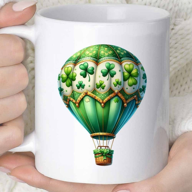 Tailorly White Ceramic 11 oz Mug - Decorative Green Shamrock Pattern Floating With Golden Accents Hot Air Balloon