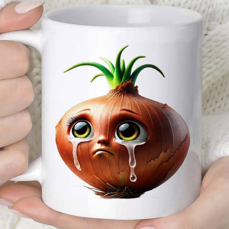 Tailorly White Ceramic 11 oz Mug - Sad Little Brown Crying Vegetable Character With Large Eyes And Green Sprouts Onion