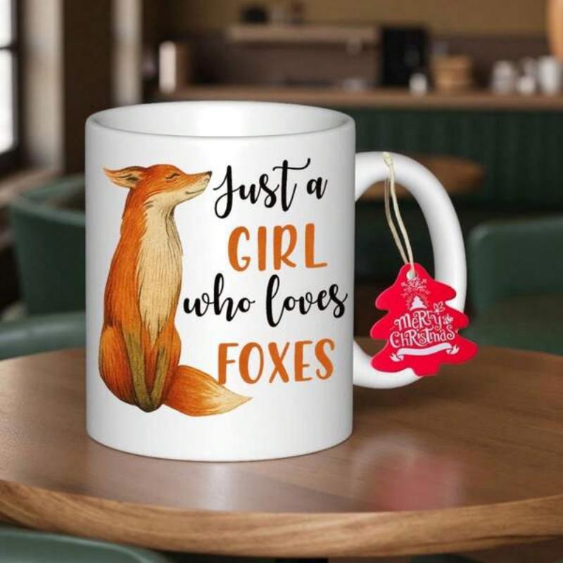 Tailorly White Ceramic 11 oz Mug - Just A Girl Who Loves Foxes Sitting Red Fox With Bushy Tail In Watercolor Style Fox
