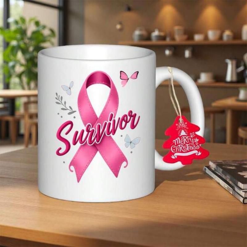 Tailorly White Ceramic 11 oz Mug - Survivor Elegant Pink Awareness Symbols With Flying Butterflies And Delicate Branch Ribbon