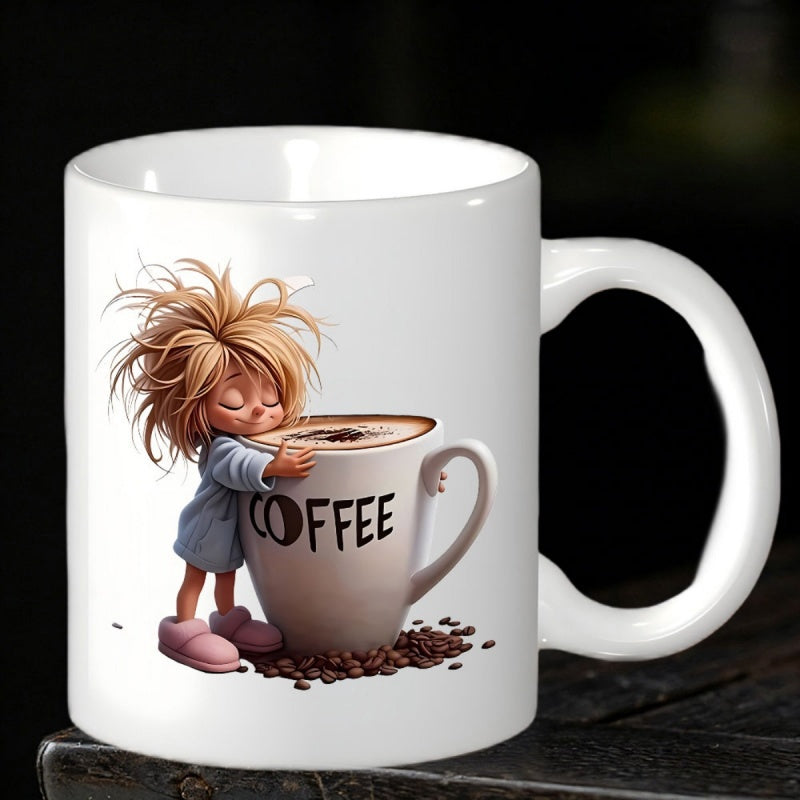Tailorly White Ceramic 11 oz Mug - Coffee Messy Haired Little Girl Hugging Large Steaming Cup Of Latte Girl