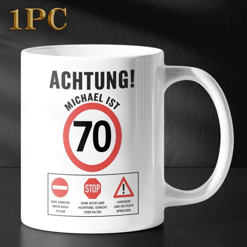 Tailorly White Ceramic 11 oz Mug - Minimalist Red Road Traffic Warning Symbol With Bold Typography Pattern Mug