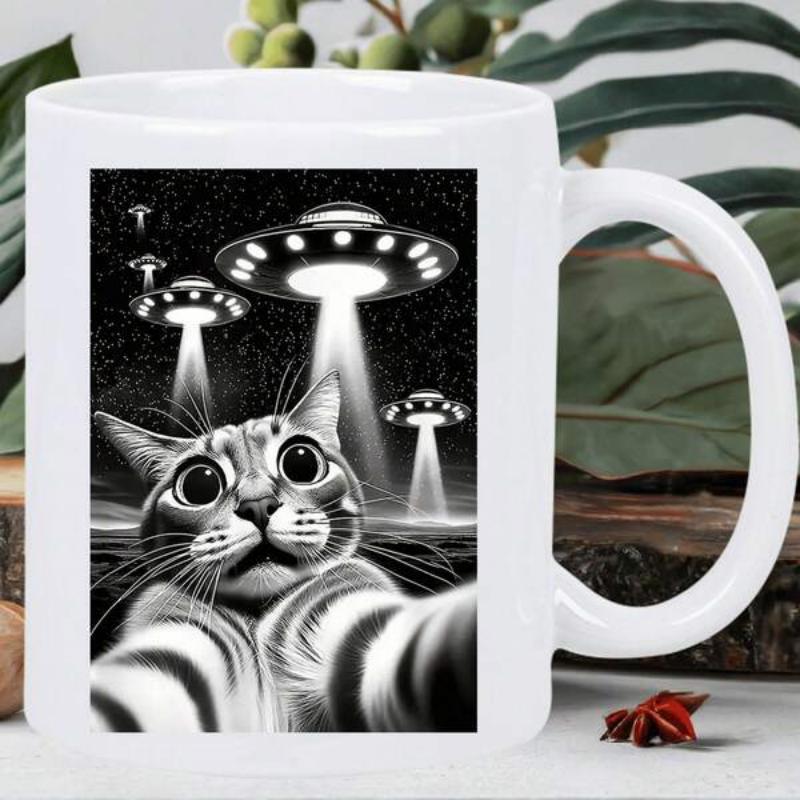 Tailorly White Ceramic 11 oz Mug - Black And White Galactic Night Sky With Glowing Alien UFO Spaceships Over Feline Cat