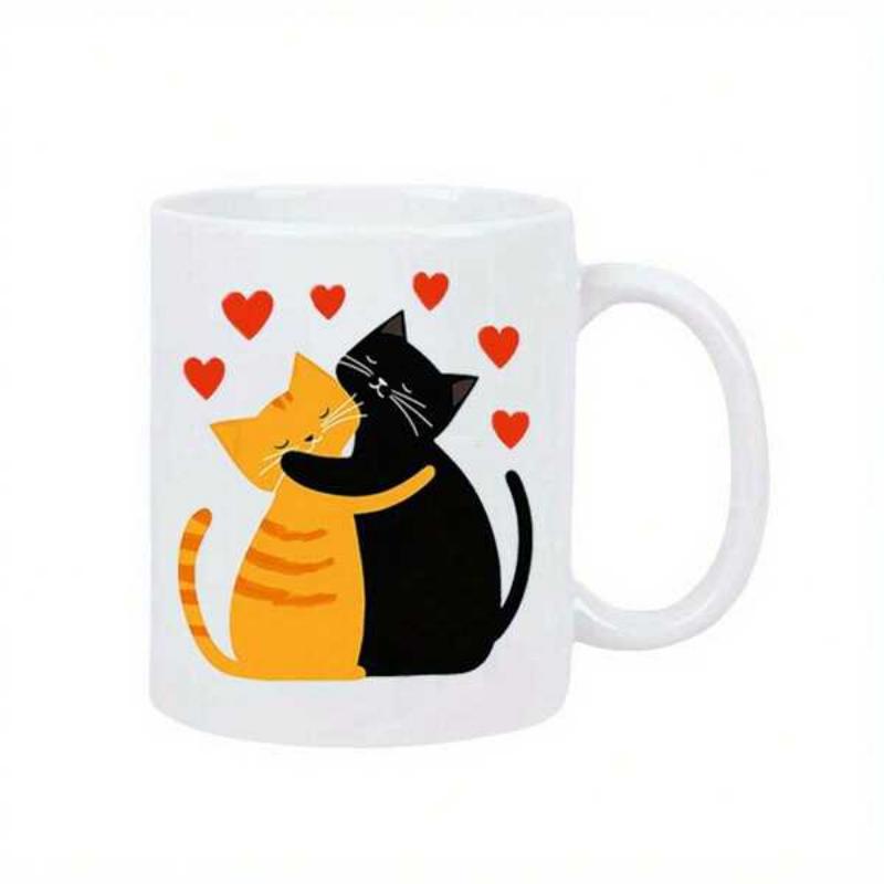 Tailorly White Ceramic 11 oz Mug - Cuddling Orange Tabby And Black Silhouette Hugging Amidst Tiny Red Floating Hearts Cats