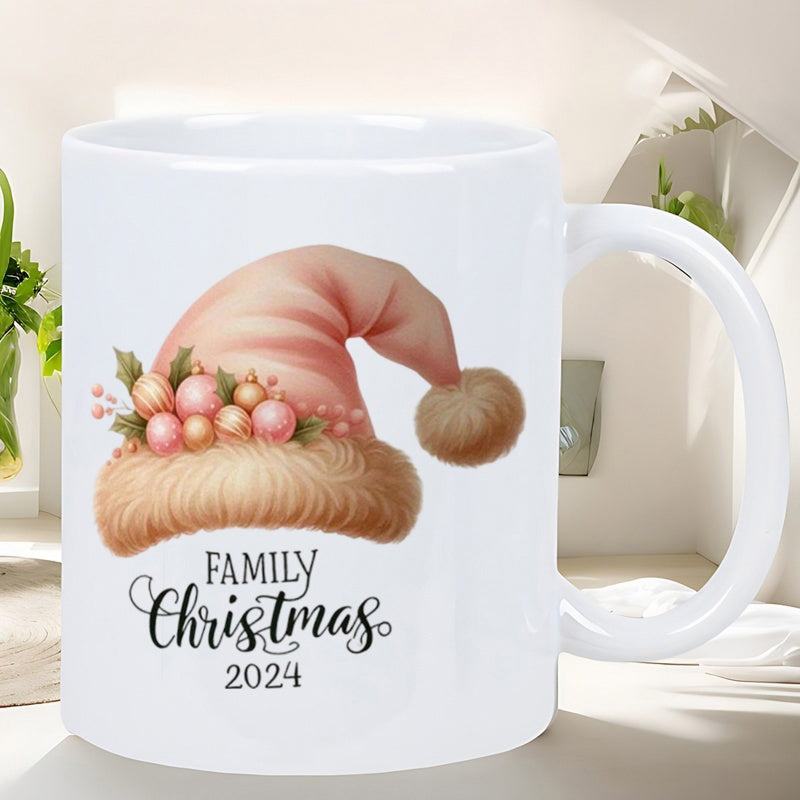 Tailorly White Ceramic 11 oz Mug - Family Christmas 2024 Soft Festive Headwear Decorated With Delicate Ornaments And Holly Hat