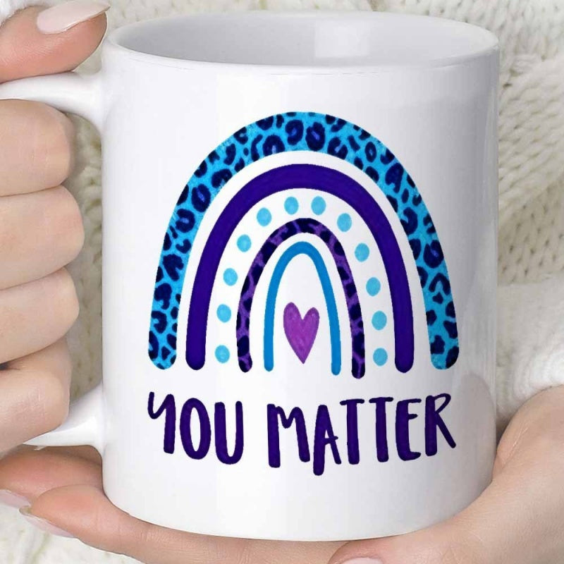 Tailorly White Ceramic 11 oz Mug - You Matter Vibrant Blue Leopard Print Arches With A Small Central Heart Rainbow