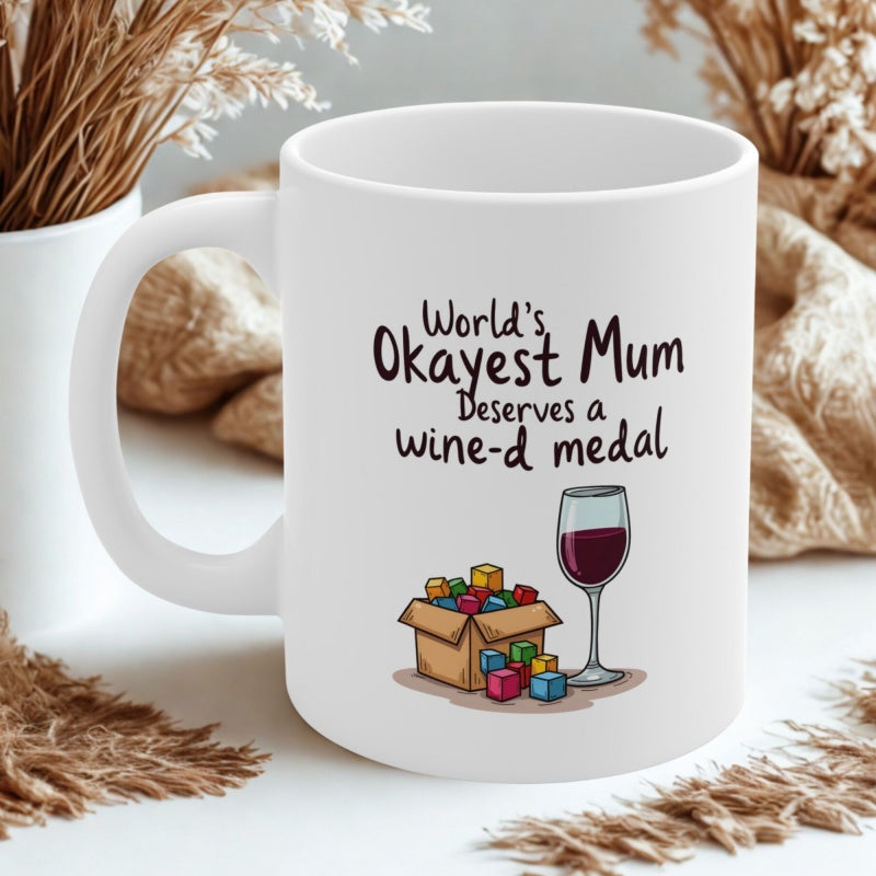 Tailorly White Ceramic 11 oz Mug - Worlds Okayest Mum Deserves A Wined Medal Hand Drawn Style Illustration Featuring Small Toy Box Beside Elegant Red Wine Mug
